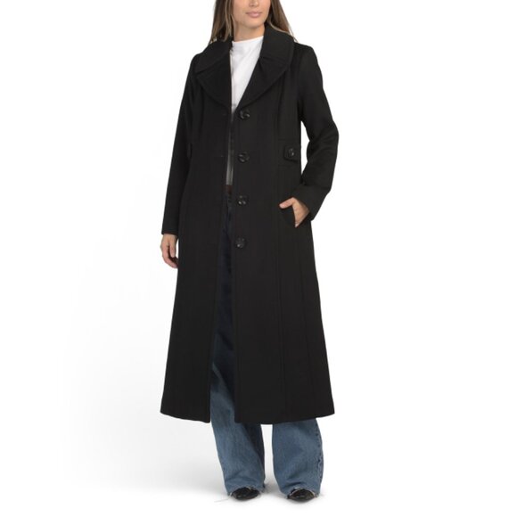 ANNE KLEIN Black Wool And Cashmere Blend Single Breasted Long Coat - Picture 1 of 2